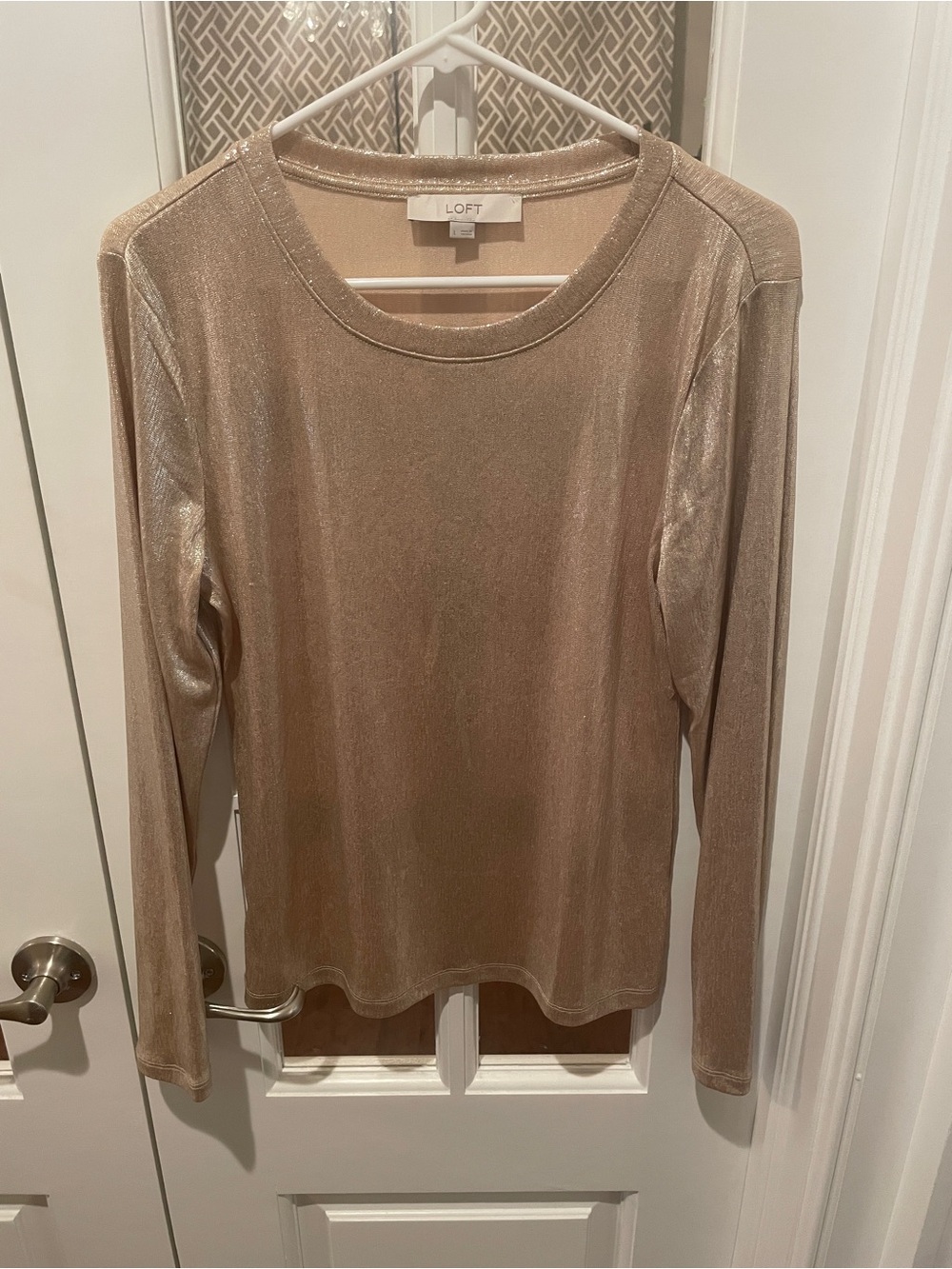 LOFT Shimmery Long-Sleeve Crewneck Top in Champagne Gold